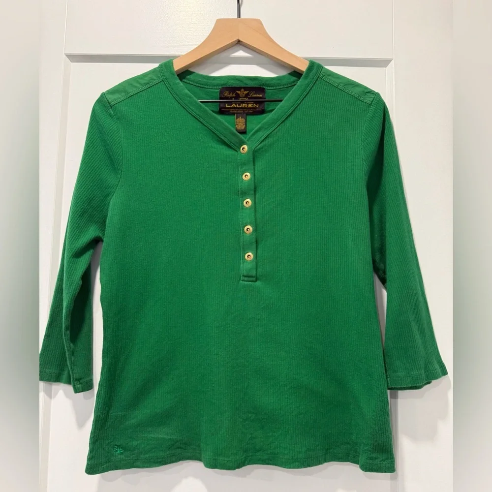 Lauren Ralph Lauren Green Ribbed Henley Top Gold Snap Buttons Size L - Picture 1 of 8